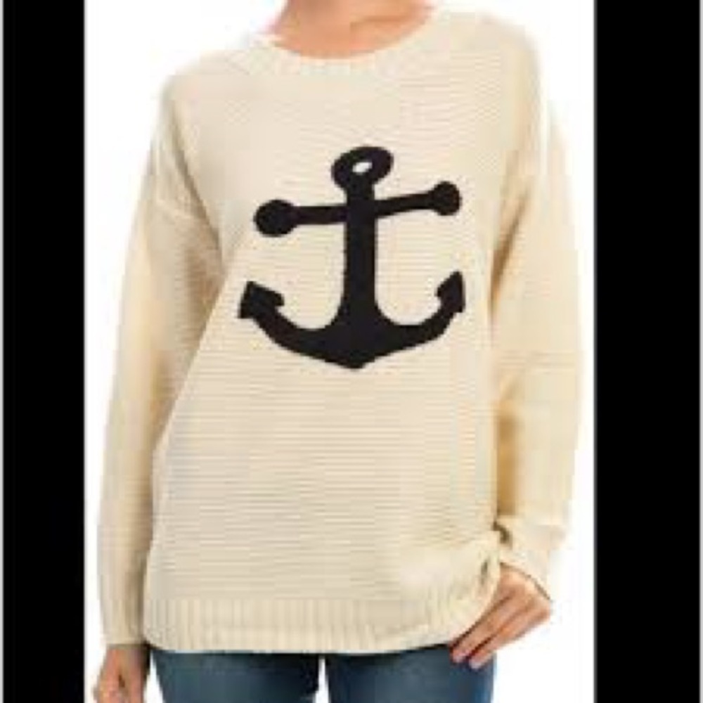 Pink Owl-Cream Knit sweater with blue anchor embroidered on it